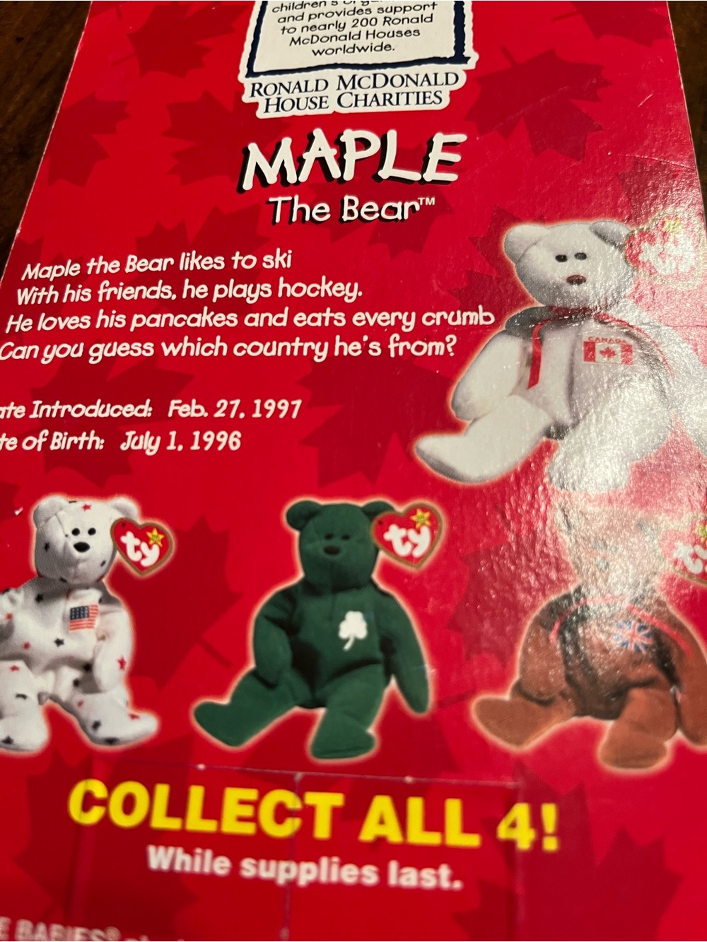 Ty White Maple the Bear Plush with Red Accents - Picture 4 of 5